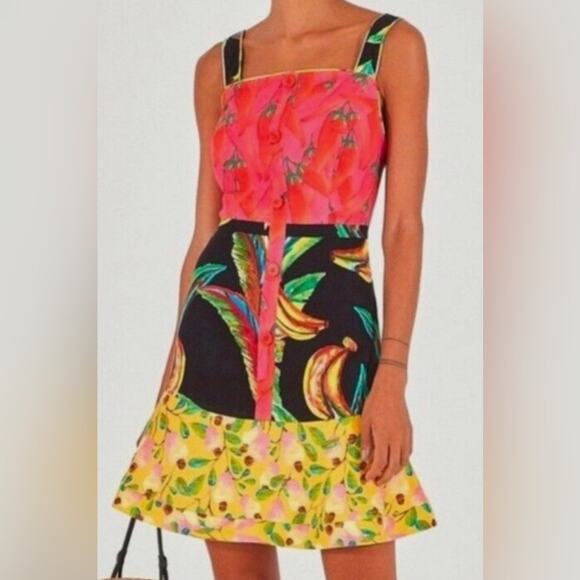 Farm Rio Linen Blend Tropical Banana Chili Peppers Mixed Media Dress Sundress S - Picture 1 of 10